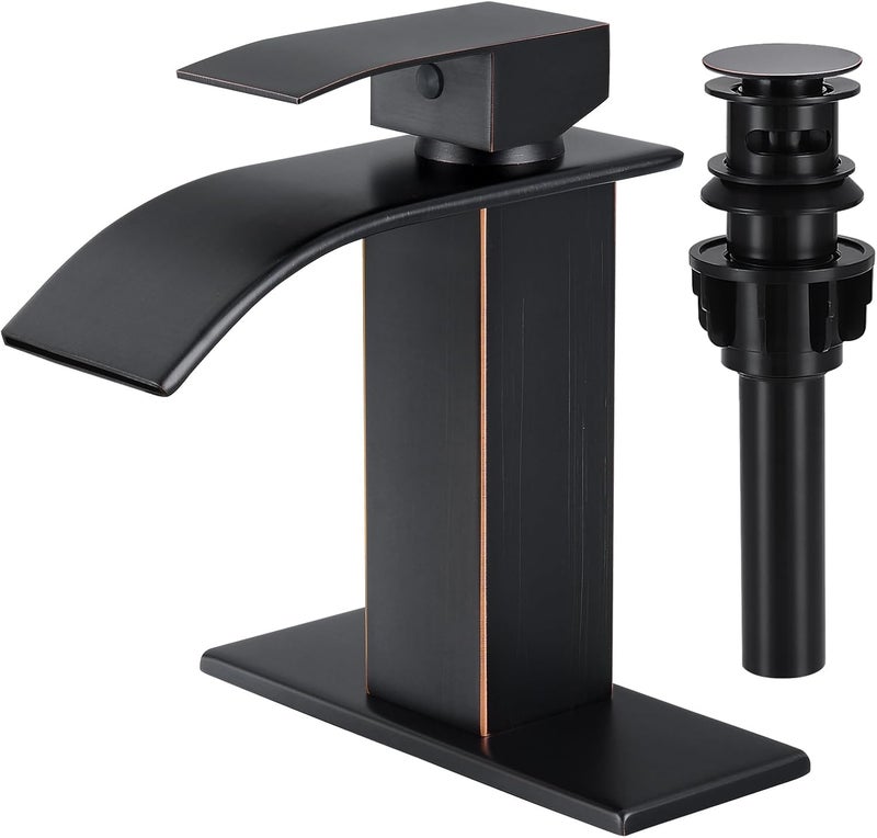 LUFG Bathroom Faucets Oil Rubbed Bronze Waterfall Bathroom Sink Faucet Modern Single Handle Bathroom Faucet for 1 or 3 Hole Mxier Tap Washbasin Faucet with Deck, Pop-up Drain and Supply Hoses - Image 1
